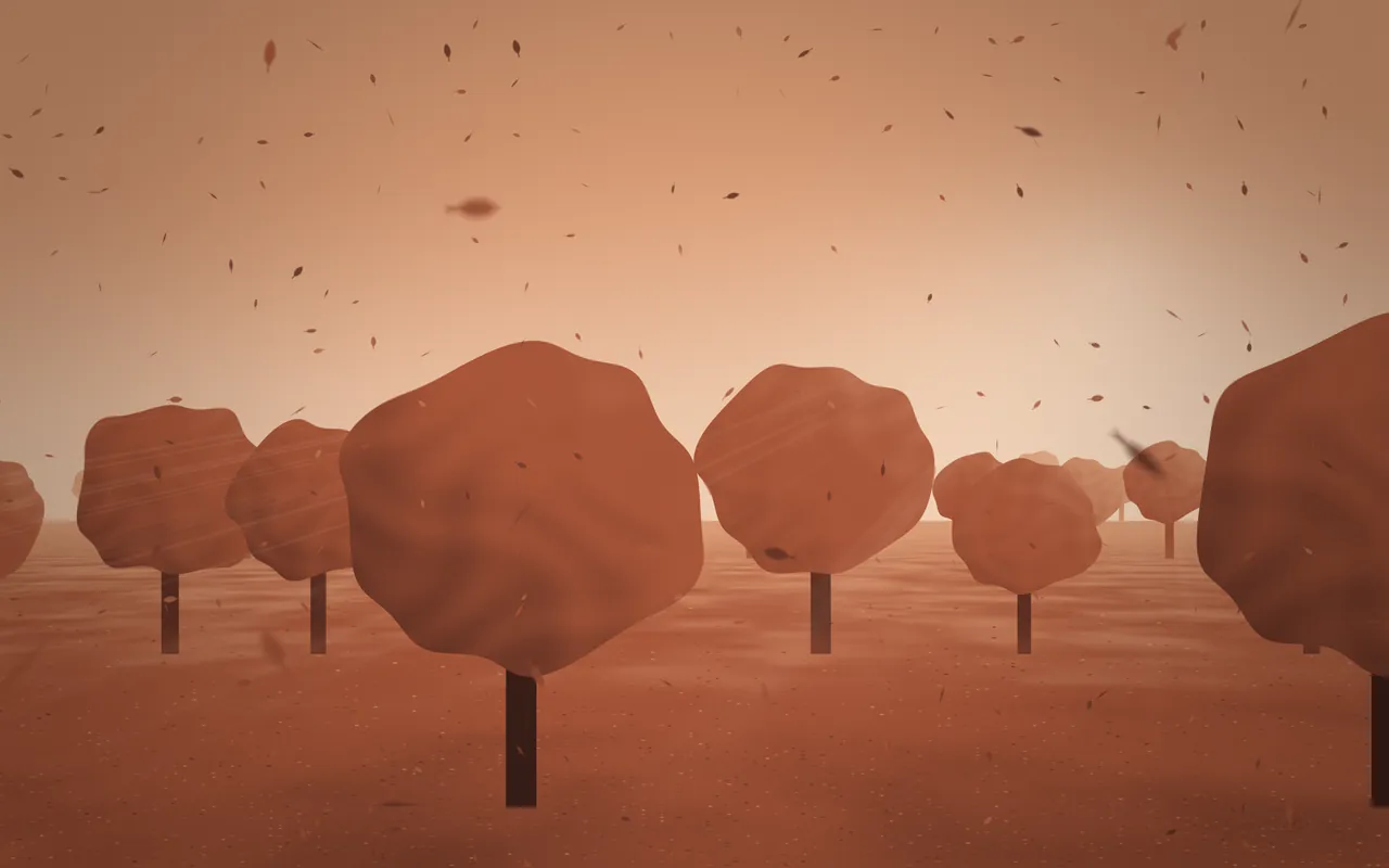 Rounded rust-colored trees on thin trunks stand in an orange haze as small leaves drift through the air.
