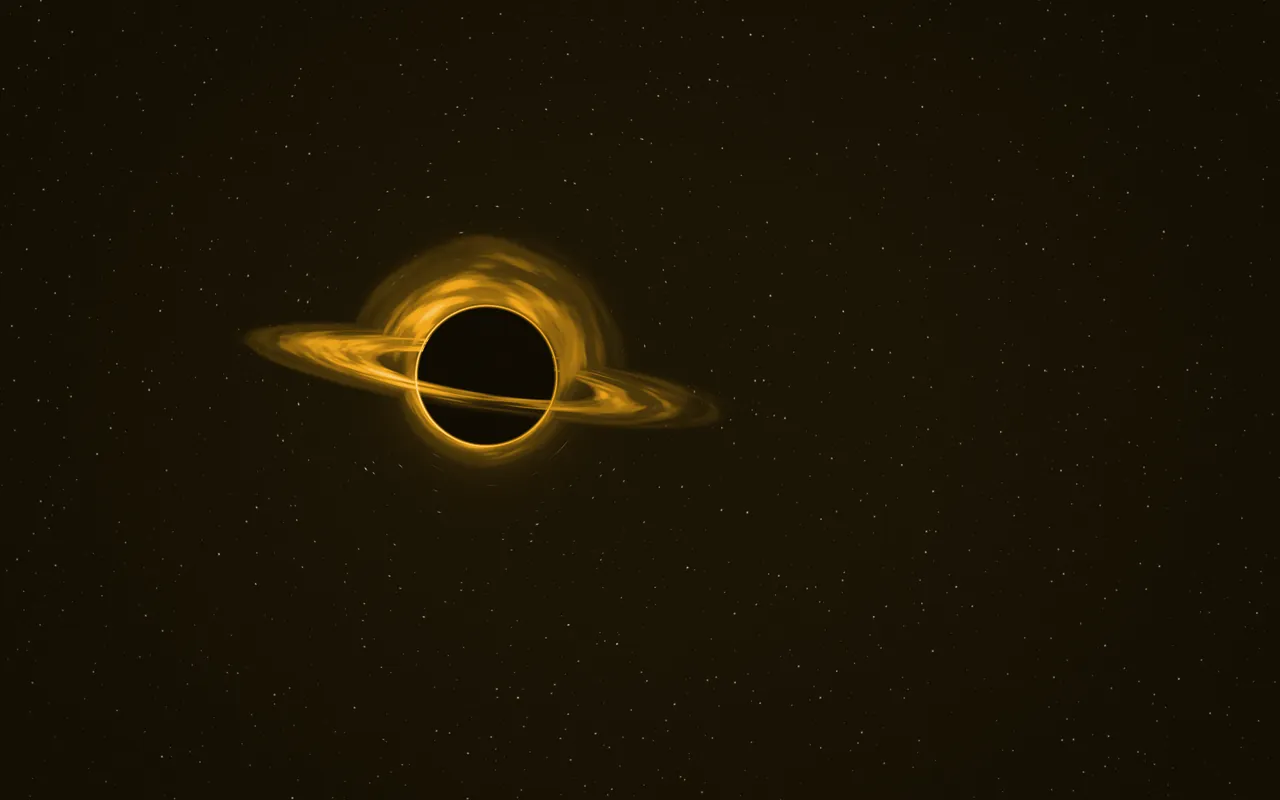 A black hole ringed in gold, its tilted glowing disk crossing in front, left of center among faint stars.