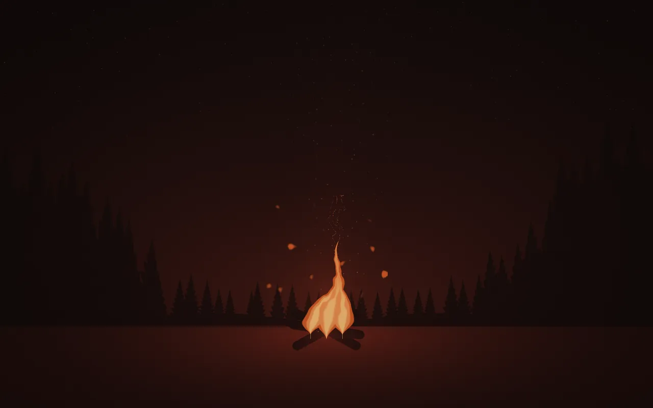 A small campfire on crossed logs glows orange in a dark clearing ringed by pine silhouettes under faint stars.
