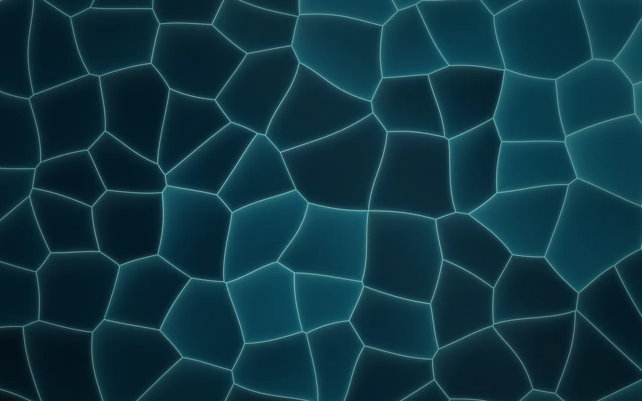A mosaic of rounded teal cells outlined by thin glowing seams, darker on the left and brighter on the right.