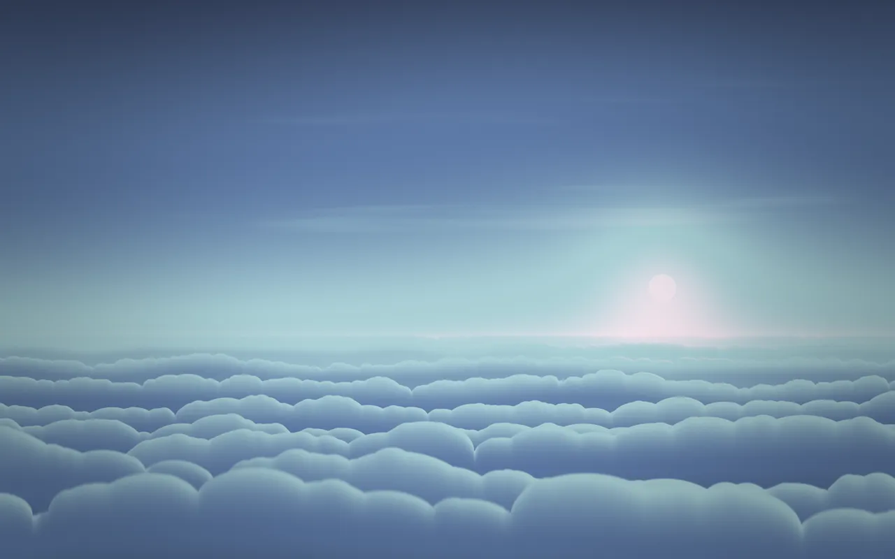 Rows of soft blue-gray cloud tops stretch to the horizon under a pale sun glowing low on the right.