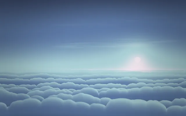 Rows of soft blue-gray cloud tops stretch to the horizon under a pale sun glowing low on the right.