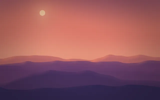 A pale sun high in a salmon-pink sky over layered purple hills that darken toward the foreground.