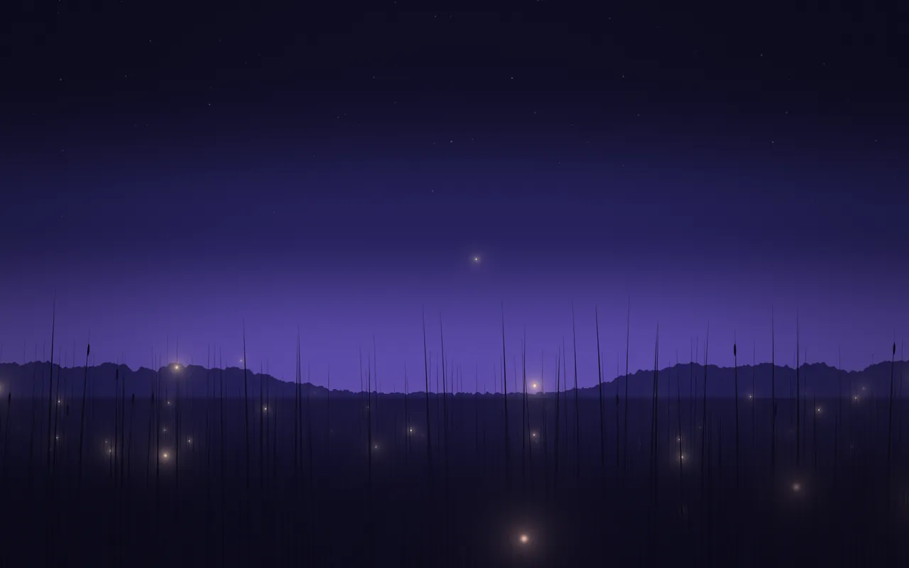 Tall grass in silhouette against a violet dusk sky and a dark tree line, with soft firefly lights among the stalks.