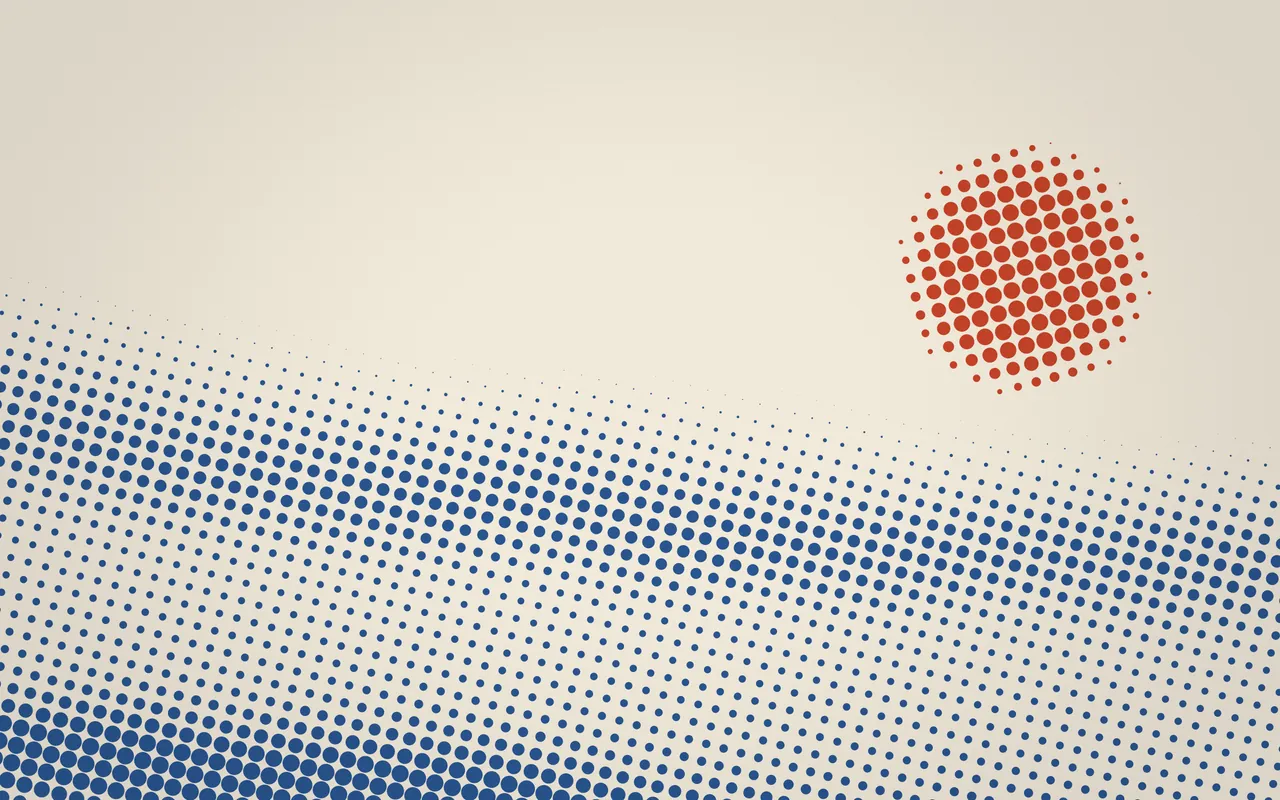 Blue halftone dots sweep up from the lower left of a cream page toward a red dotted sun at upper right.