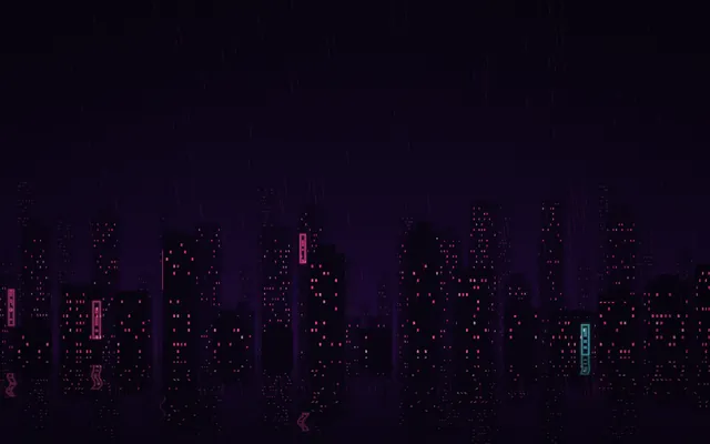 A city skyline at night with pink windows and pink and teal neon signs, rain streaking through dark purple air.