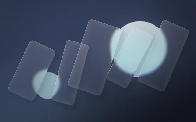 Five tilted frosted glass panes in a row over a navy backdrop, with two pale aqua orbs glowing through.