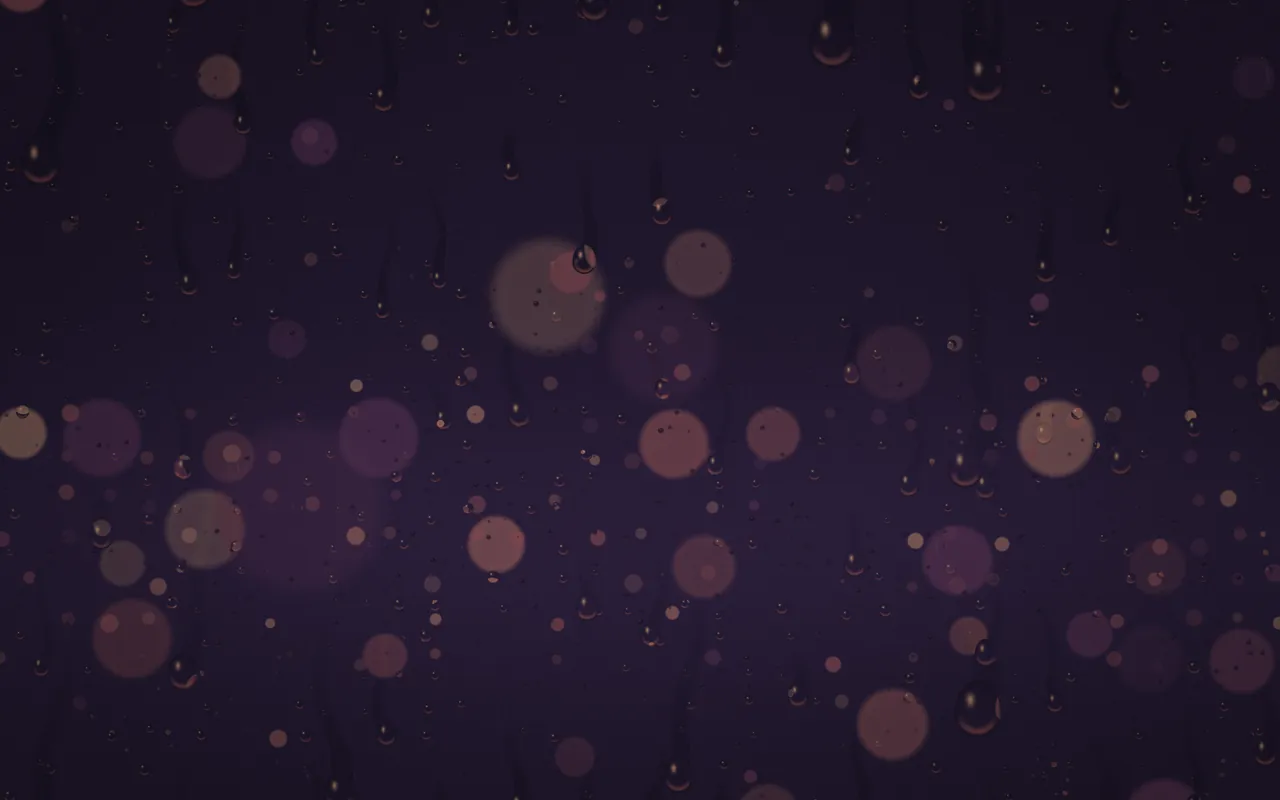 Water droplets and trails on a dark purple window, with blurred peach and mauve city lights behind.