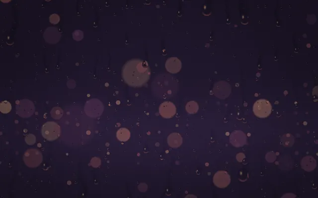 Water droplets and trails on a dark purple window, with blurred peach and mauve city lights behind.