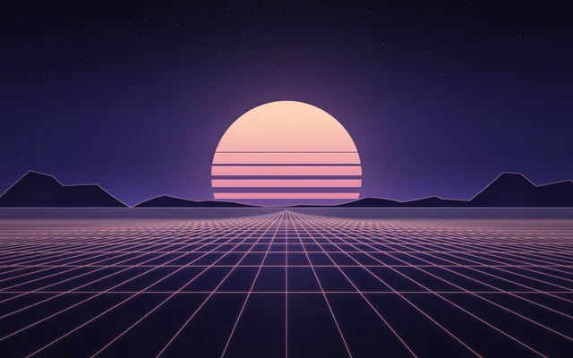 A peach-striped sun behind dark mountains over a pink grid that runs to the horizon, under a starry sky.