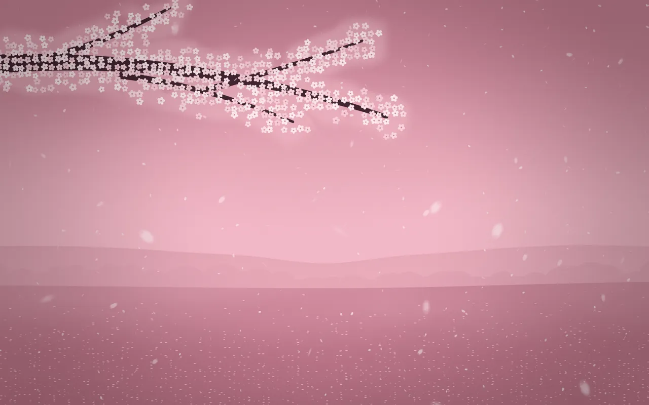 A blossoming cherry branch reaches in from the top left over a soft pink sky, hills and a petal-strewn meadow.