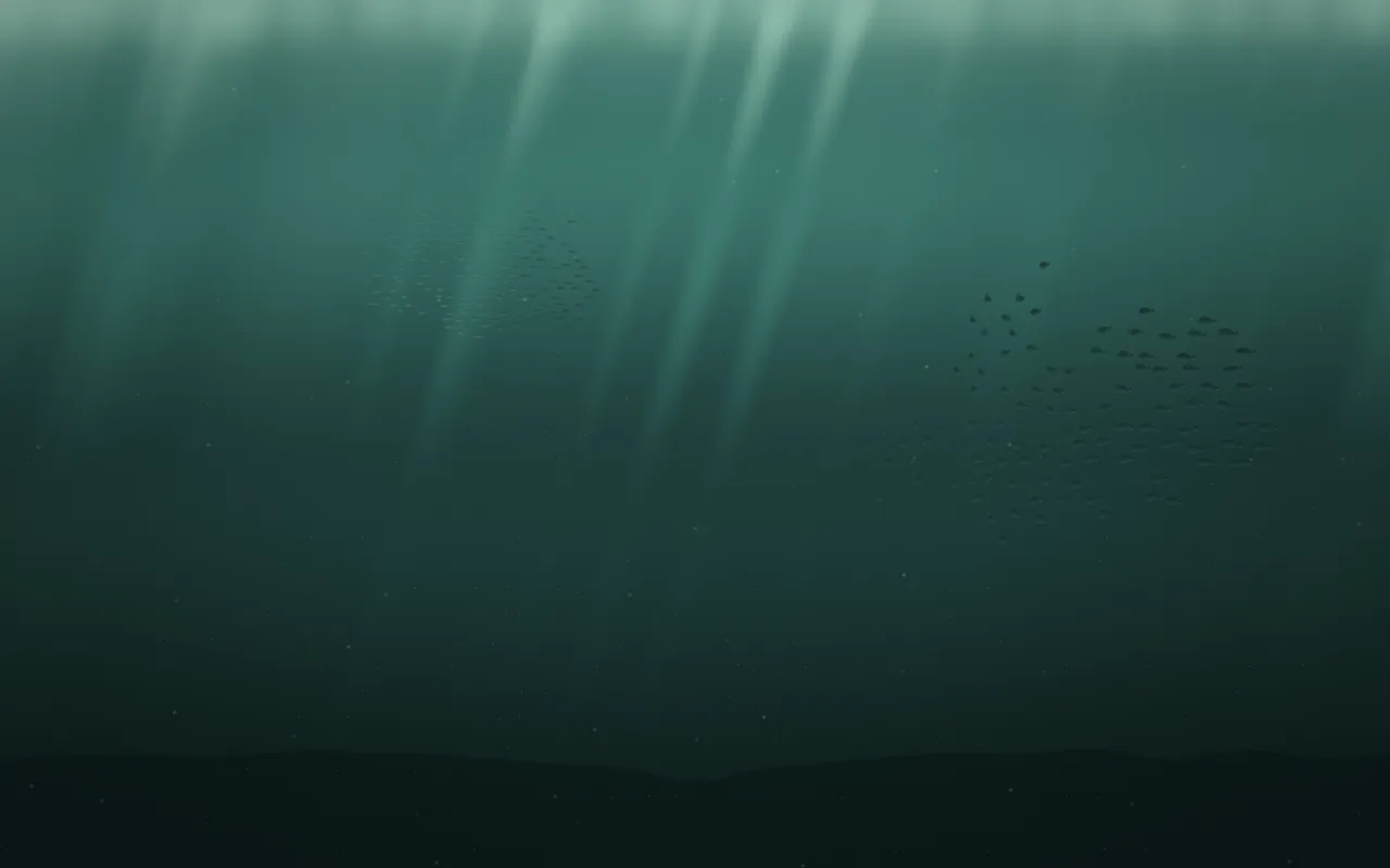 Two schools of small dark fish swim through green water under shafts of light, a dark seabed along the bottom.