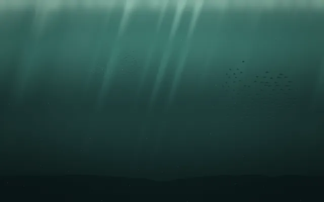Two schools of small dark fish swim through green water under shafts of light, a dark seabed along the bottom.