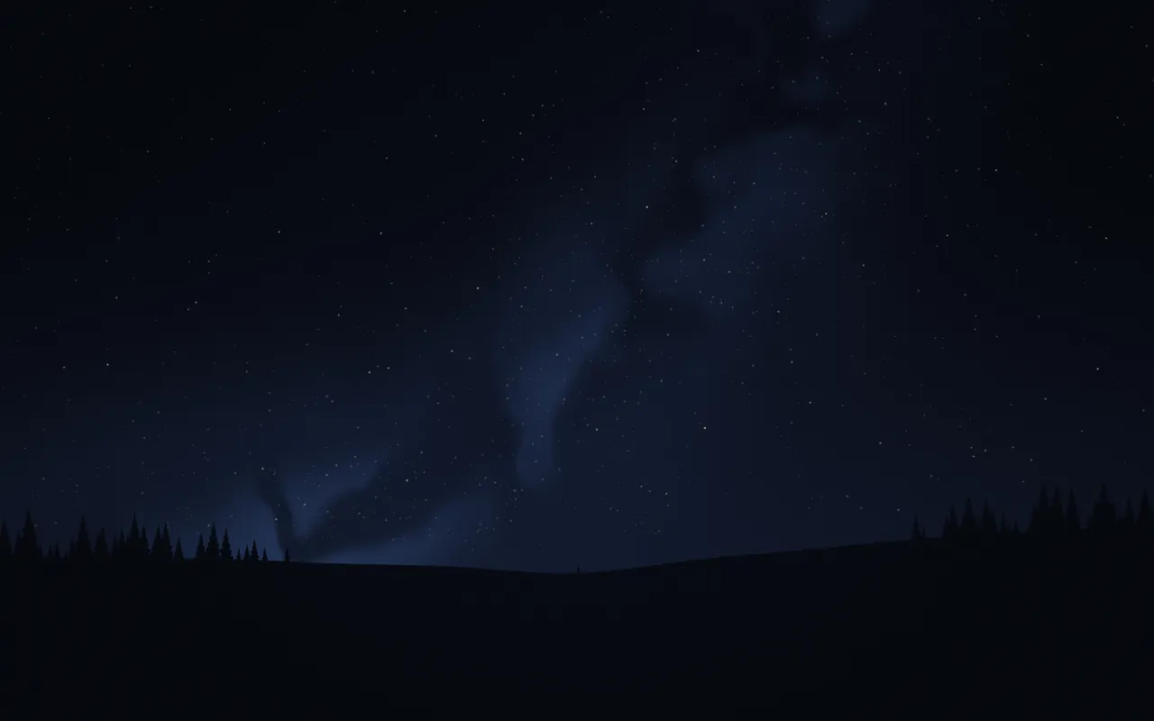 A deep blue night sky full of stars and a faint Milky Way over a dark hill edged with pine trees.