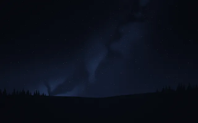 A deep blue night sky full of stars and a faint Milky Way over a dark hill edged with pine trees.