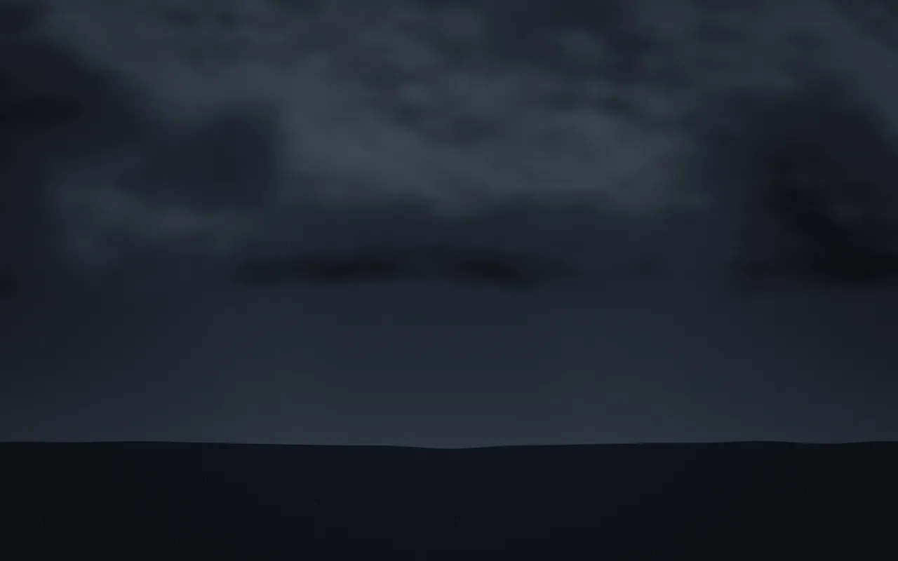 Dark slate storm clouds hang low over a flat black plain at night, with a faint glow along the horizon.