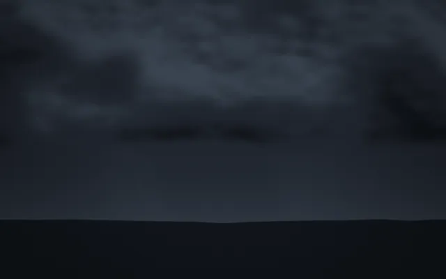 Dark slate storm clouds hang low over a flat black plain at night, with a faint glow along the horizon.