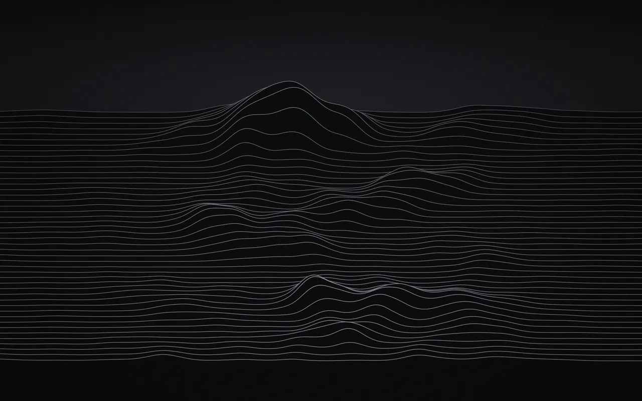 Rows of thin gray lines on black rise into soft peaks near the center, like a ridgeline chart.