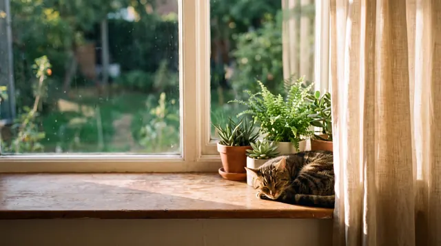 A tabby cat asleep on a sunlit wooden windowsill beside potted plants, a linen curtain and a garden beyond.