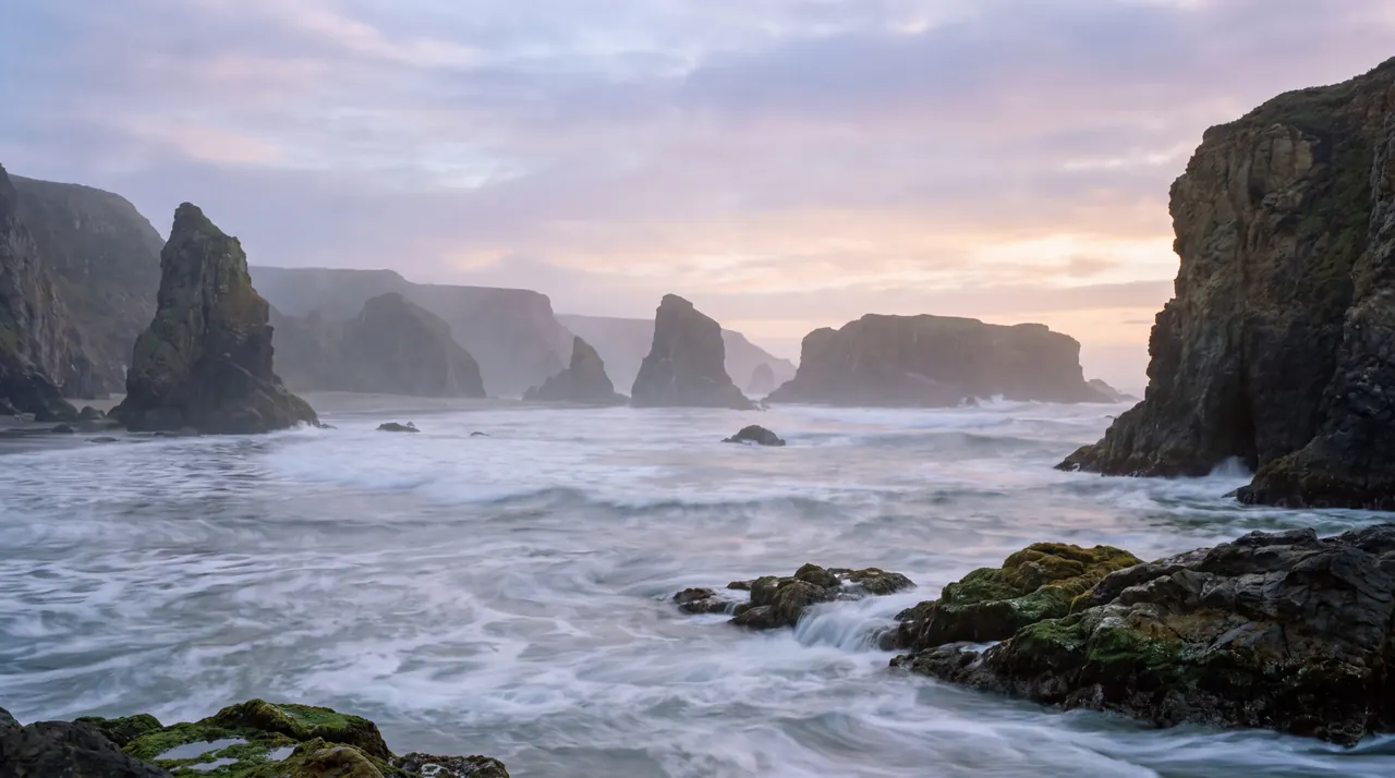 Rocky sea stacks and mossy boulders under a pastel sunset sky, with waves blurred into silky white mist.