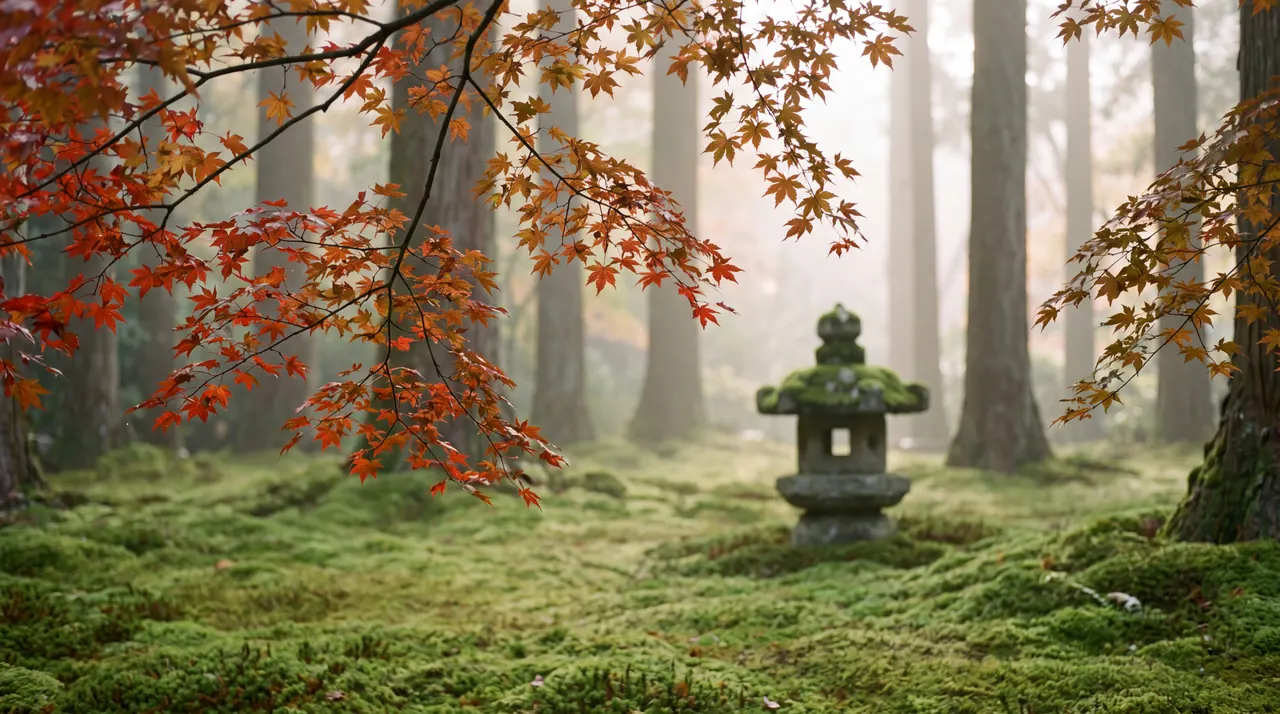 A moss garden with maple leaves and a stone lantern