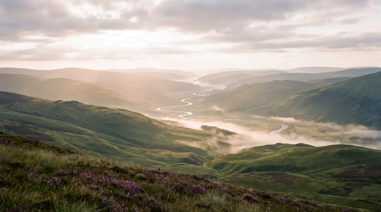Green highland hills with purple heather in front, a winding river and low cloud in the valley under a soft sky.