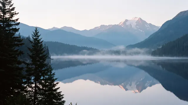 A snow-capped peak and forested slopes reflected in a misty, glassy lake, with dark fir trees on the left.