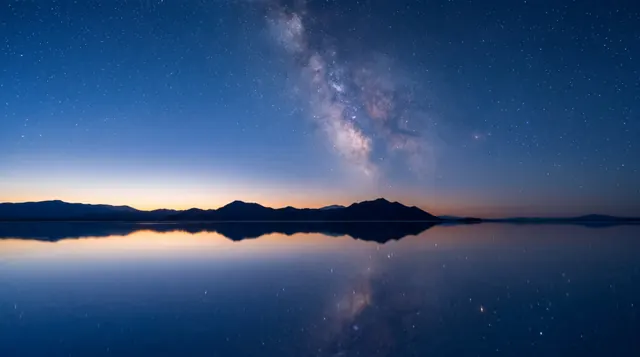 The Milky Way rises over dark mountains and a twilight glow, all reflected in a mirror-flat plain below.